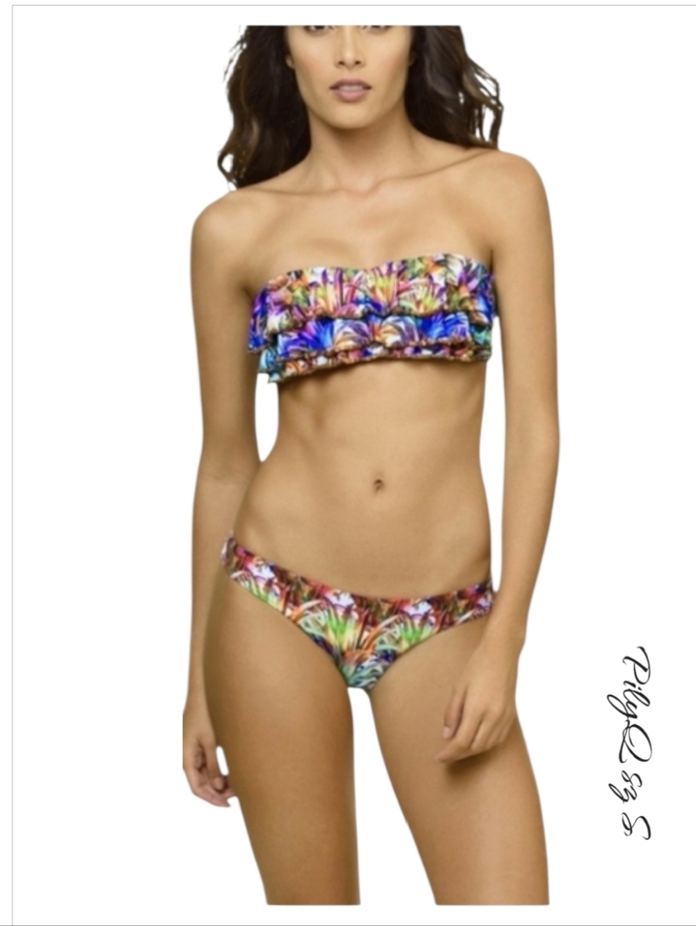 PQ Swim PilyQ Lanai Sequin Ruffle Bandeau Bikini Set sz S